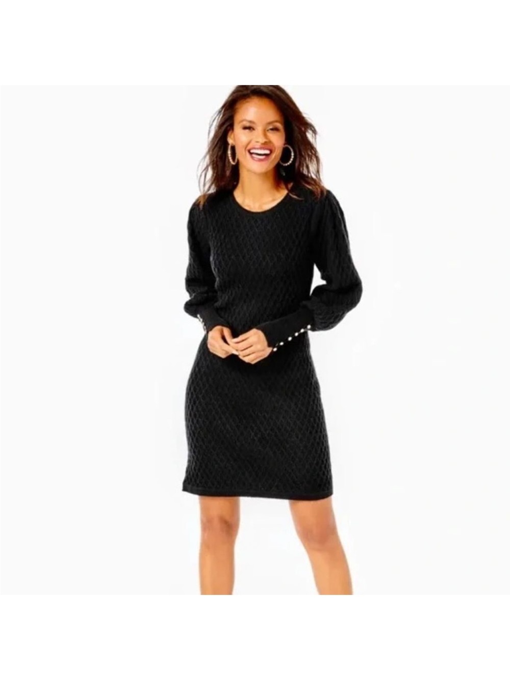 Lilly Pulitzer Jacquetta Black Cable Knit Long-Sleeve Sweater Dress